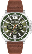 Steve Madden Mens Watch Silver Green Dial Brown Faux Leather Strap SM9117GRSV