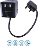 Pro Elec PELB1483 3 Gang Cube Extension Lead 2m Black with USB Charging