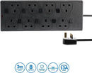 Pro Elec PEL00046 8 Gang Switched Extension Lead 3m Black Surge Power Strip